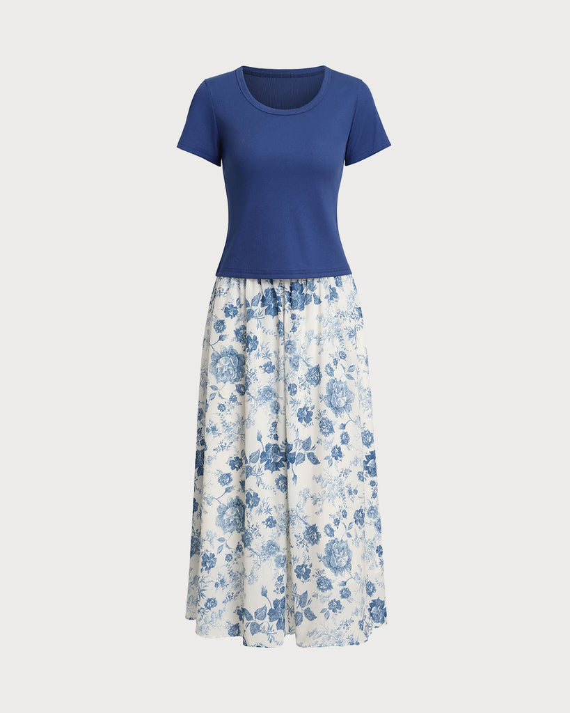 Blue Floral Skirt Two Piece Suit - RIHOAS