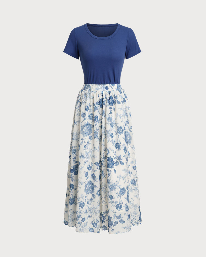 Blue Floral Skirt Two Piece Suit - RIHOAS
