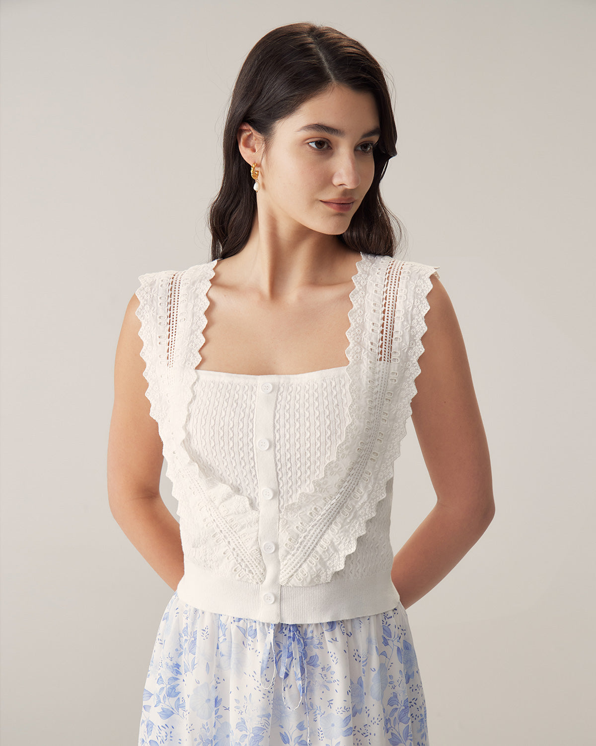 White Ruffle Embroidery Tank