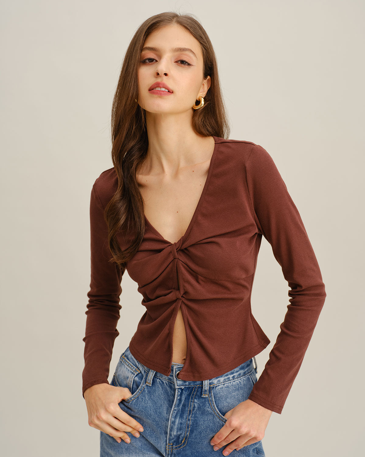 Women's Knitted Cotton T-Shirt Coffee Tops - RIHOAS