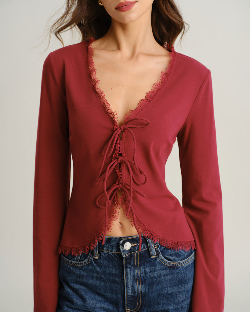 Women's Knitted Cotton T-Shirt Red Tops - RIHOAS