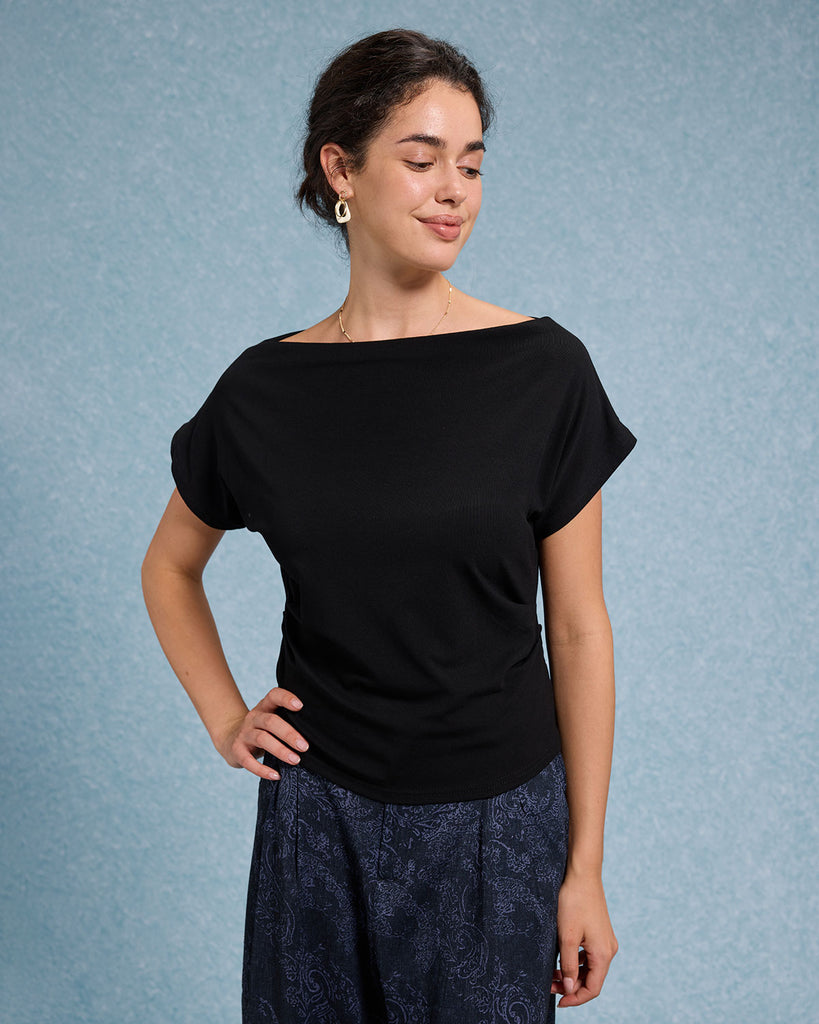 Women's Knitted Cotton Tees Black Tops - RIHOAS