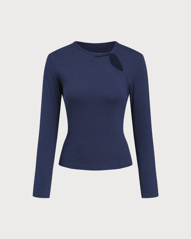 Women's Knitted Cotton Tees Navy Tops - RIHOAS