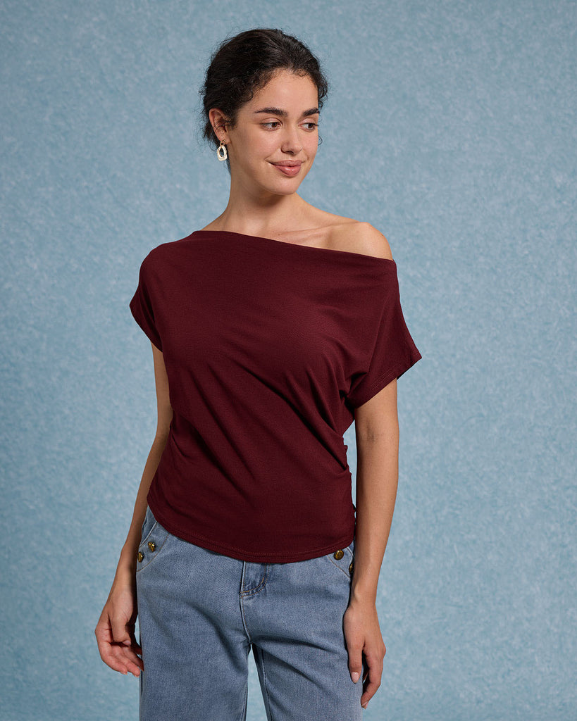 Women's Knitted Cotton Tees Red Tops - RIHOAS