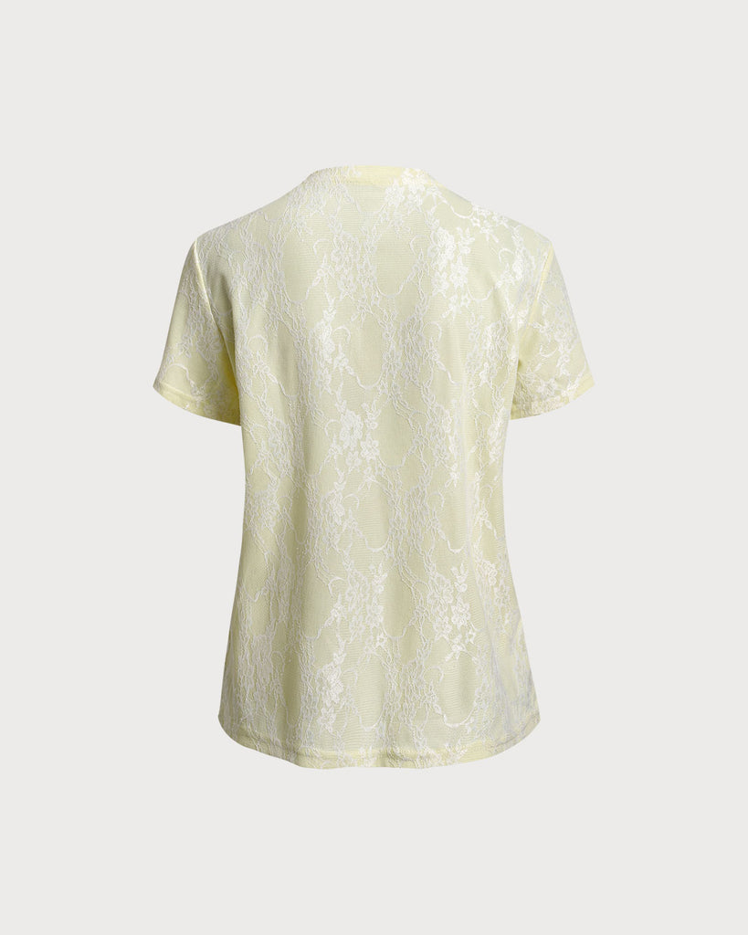 Yellow Lace Textured Round Neck Tee    - RIHOAS