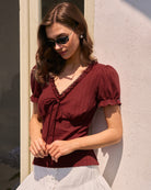 Women's Knitted Cotton Tees Wine Red Tops - RIHOAS