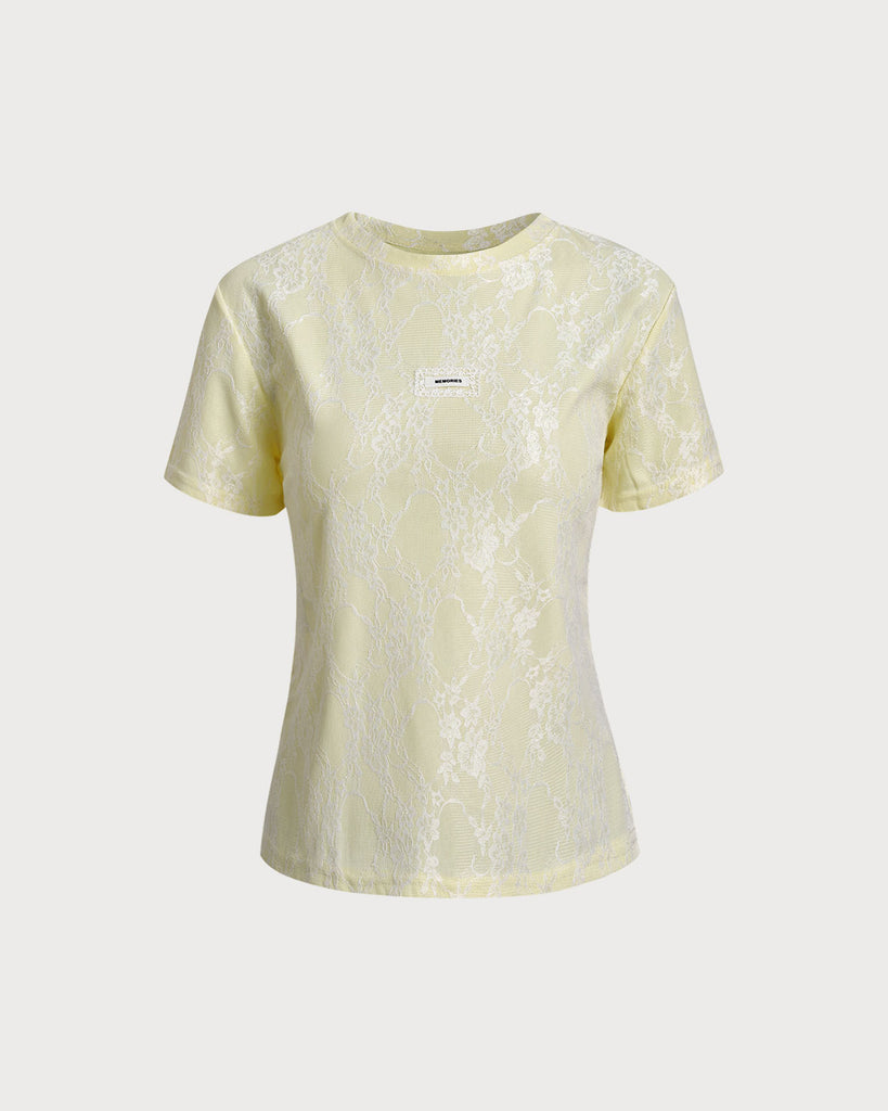 Yellow Lace Textured Round Neck Tee   - RIHOAS