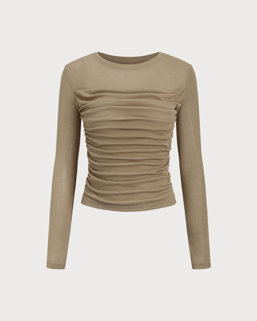 Women's Knitted Imitation Tencel Tee Khaki Tops - RIHOAS