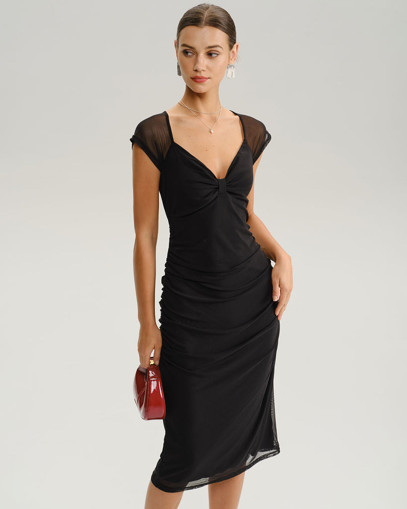 Women's Knitted Nylon Midi Dress Black Dresses - RIHOAS