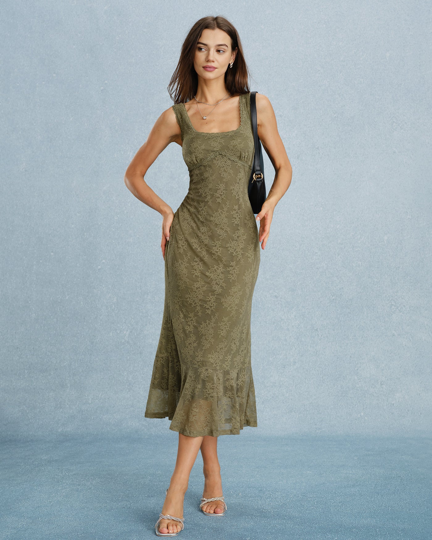 Rihoas Square Neck Thick Strap Floral Lace Mermaid Flounce Hem Midi Dress, Green / M