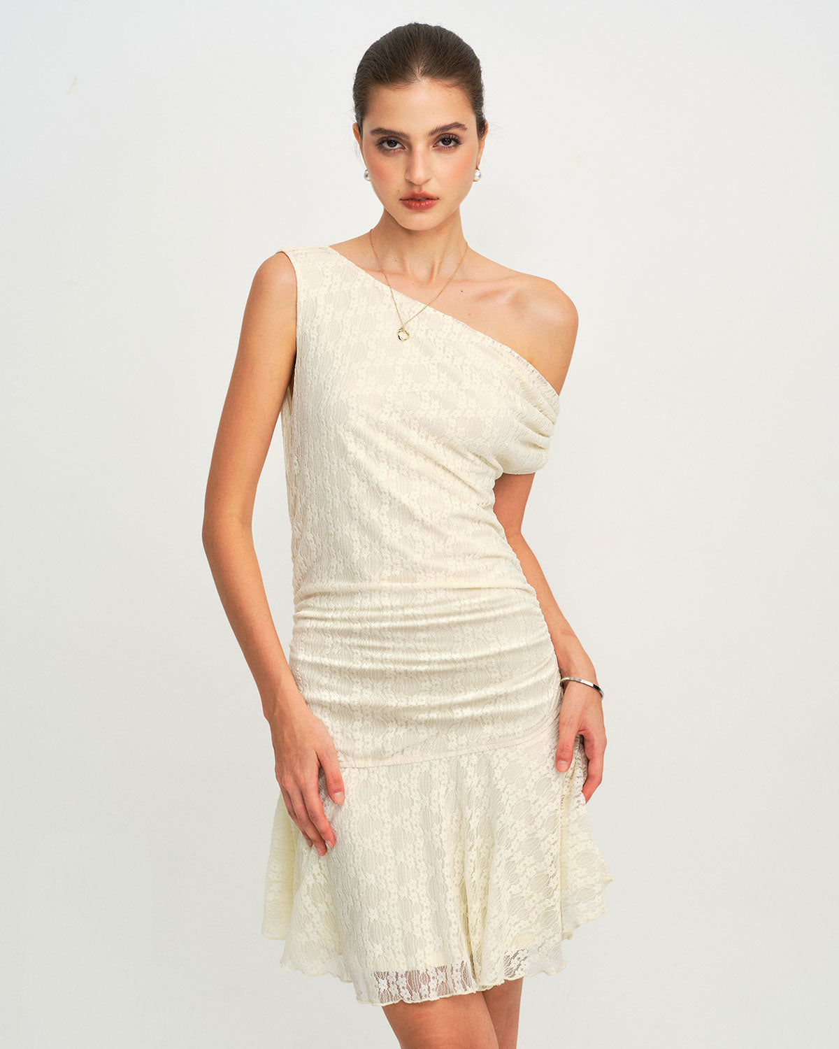Rihoas Lace One Shoulder Mini Dress, Beige / L
