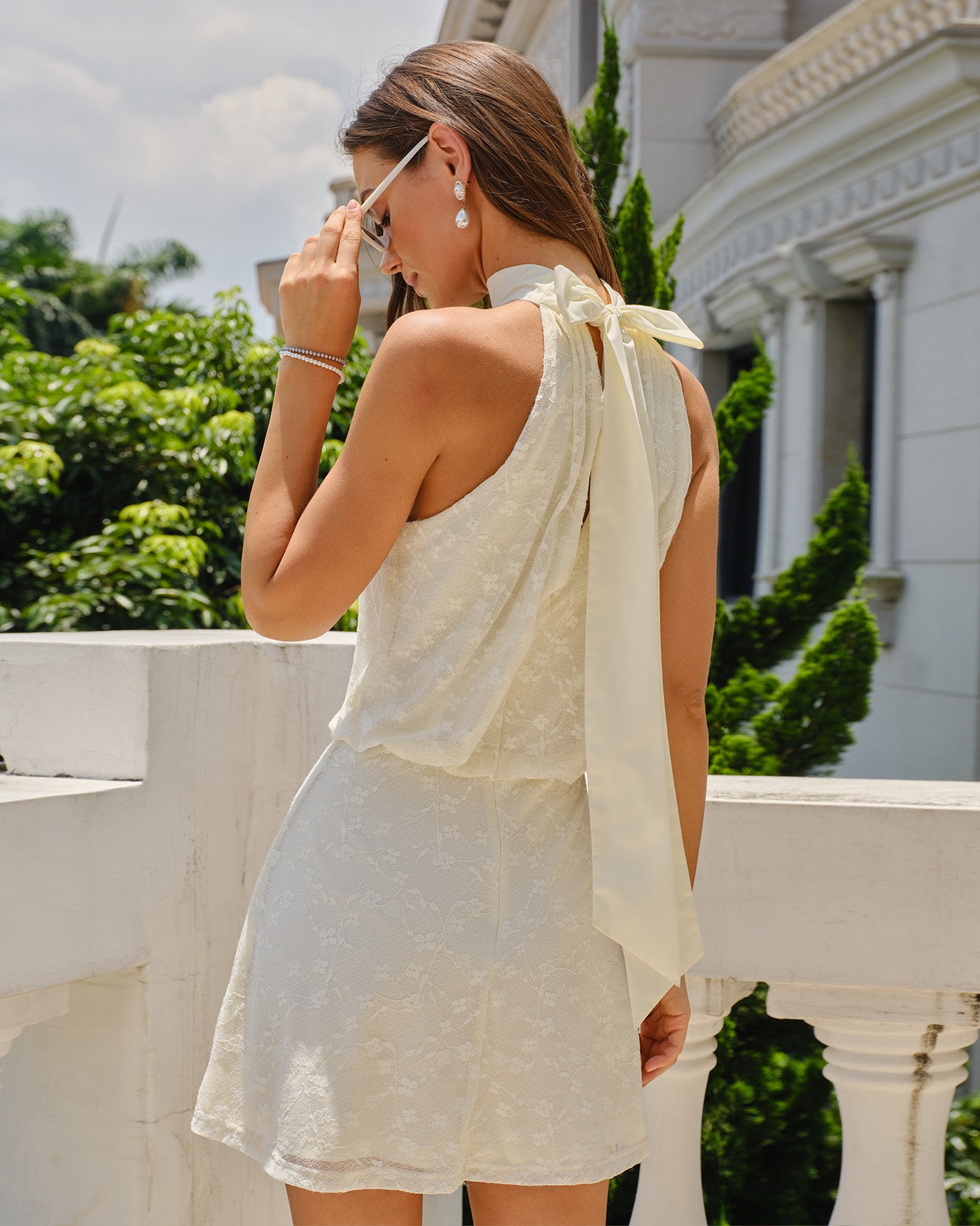 Beige Mock Neck Lace Tie Mini Dress & Reviews - Beige - Dresses
