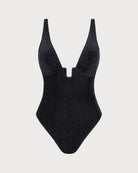 Women's Knitted Nylon Silver Thread One-Piece Swimsuit Black One-Pieces - RIHOAS