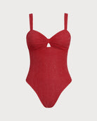 Women's Knitted Nylon Silver Thread One-Piece Swimsuit Red One-Pieces - RIHOAS