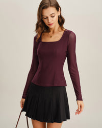 Women's Knitted Nylon Tees Wine Red Tops - RIHOAS
