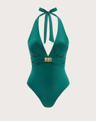 Women's Knitted Nylon Trim One-Piece Swimsuit Green One-Pieces - RIHOAS