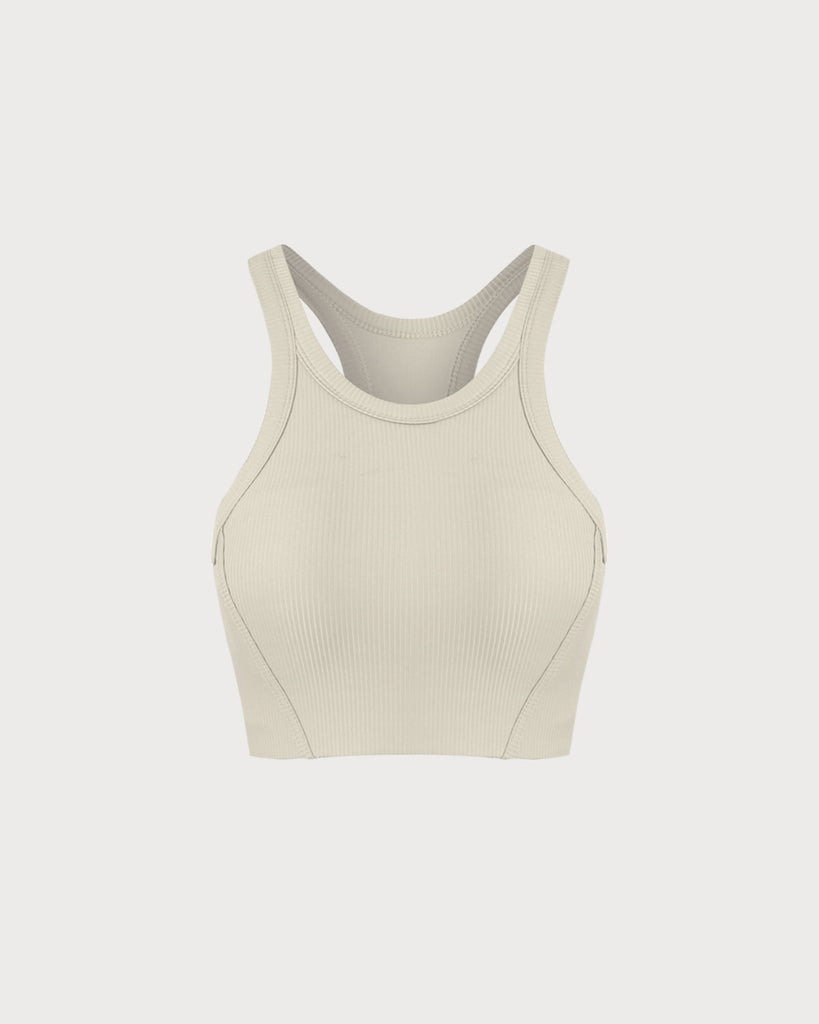 Women's Knitted Nylon Yoga Tank Top Beige Yoga Tops - RIHOAS