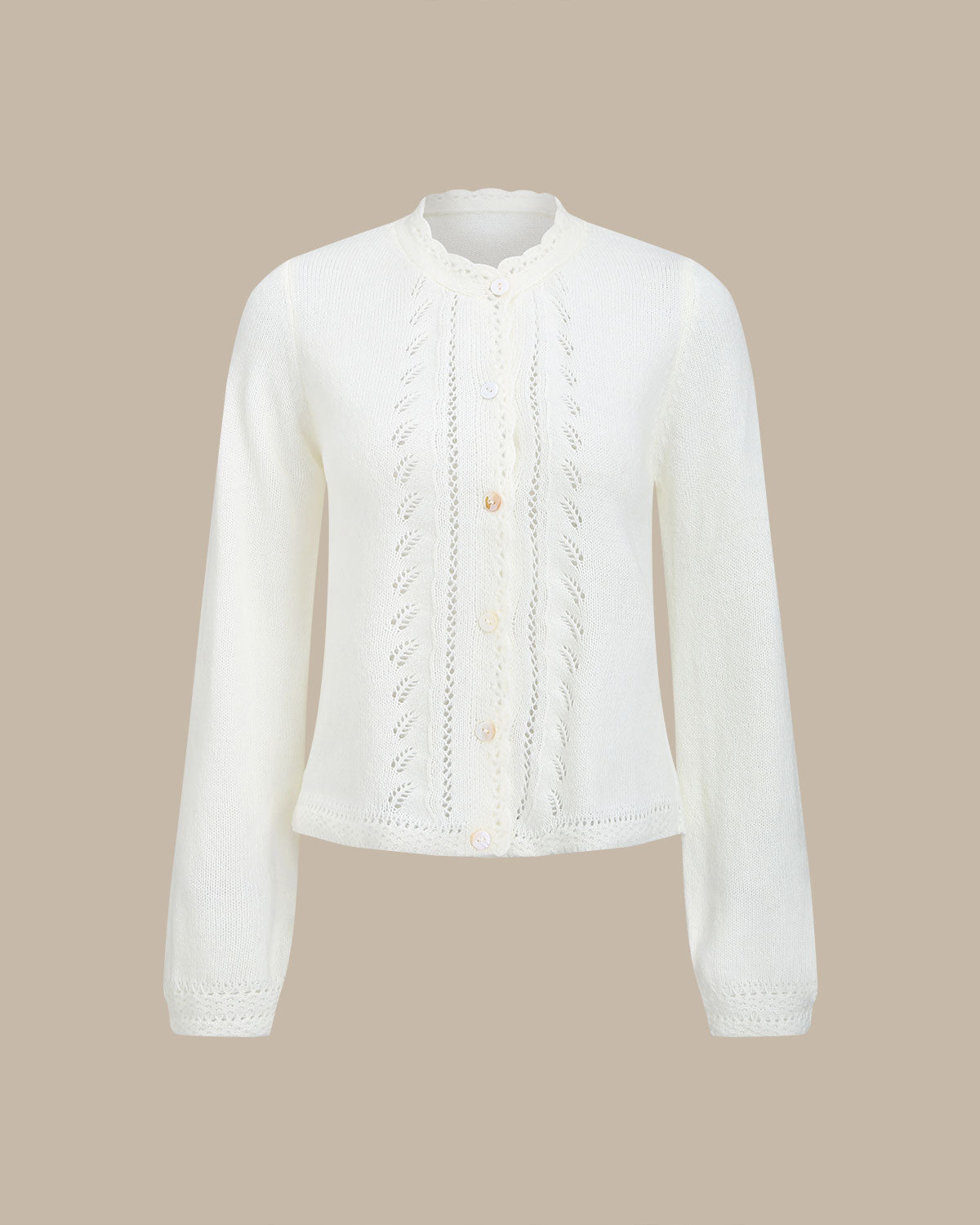 Women's Knitted Polyester Cardigan Beige Tops - RIHOAS