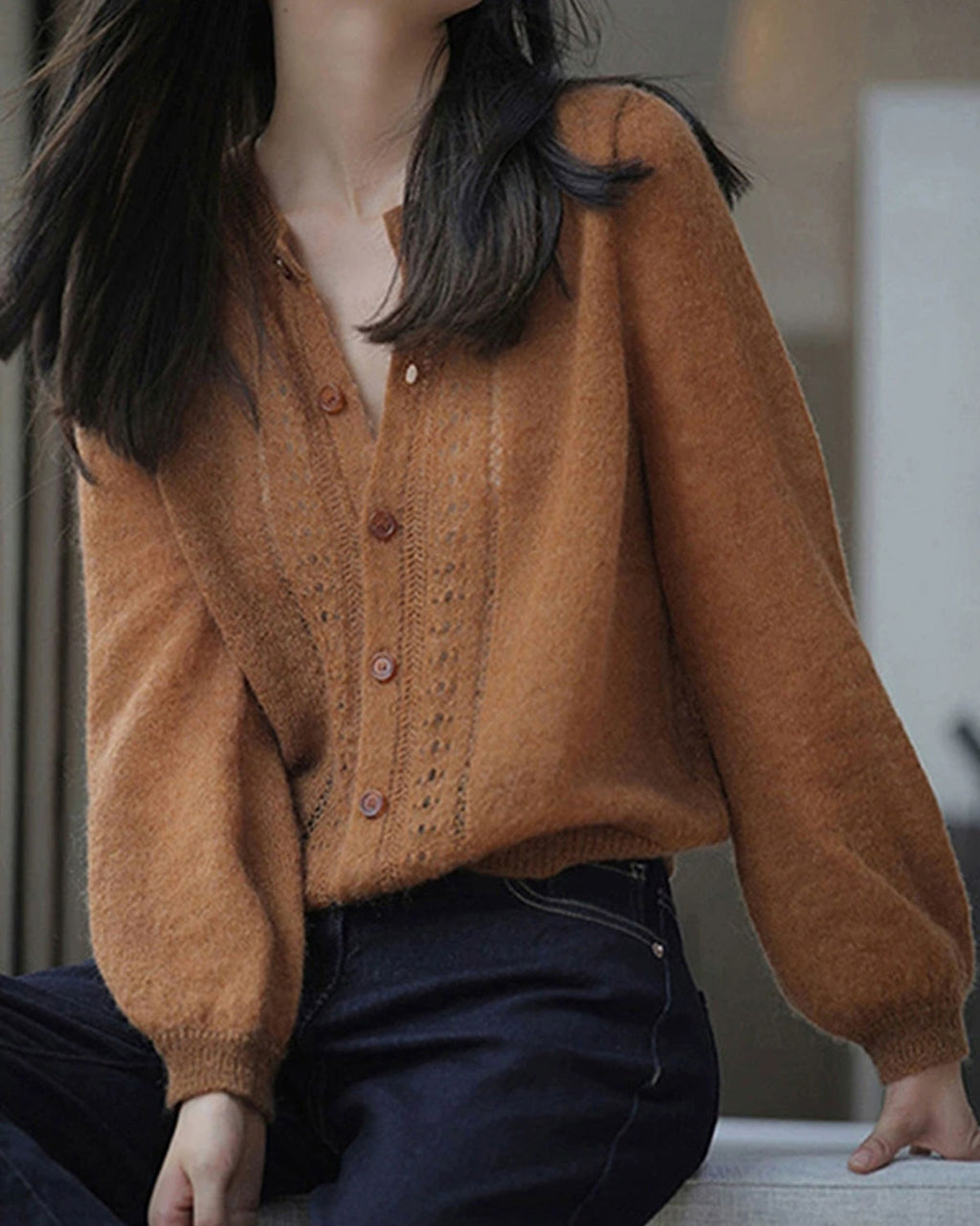 Women's Knitted Polyester Cardigan Brown Tops - RIHOAS