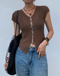 Women's Knitted Polyester Cardigan Brown Tops - RIHOAS