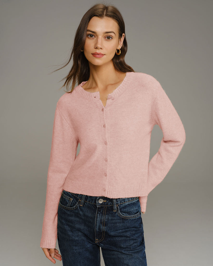 Women's Knitted Polyester Cardigan Pink Tops - RIHOAS