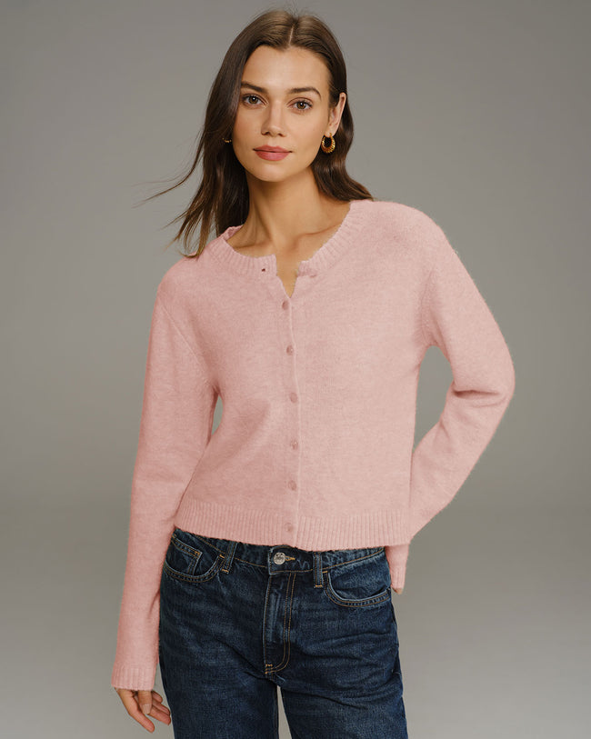 Women's Knitted Polyester Cardigan Pink Tops - RIHOAS
