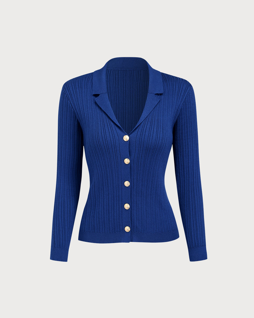 Women's Knitted Polyester Cardigan Sweater Blue Tops - RIHOAS