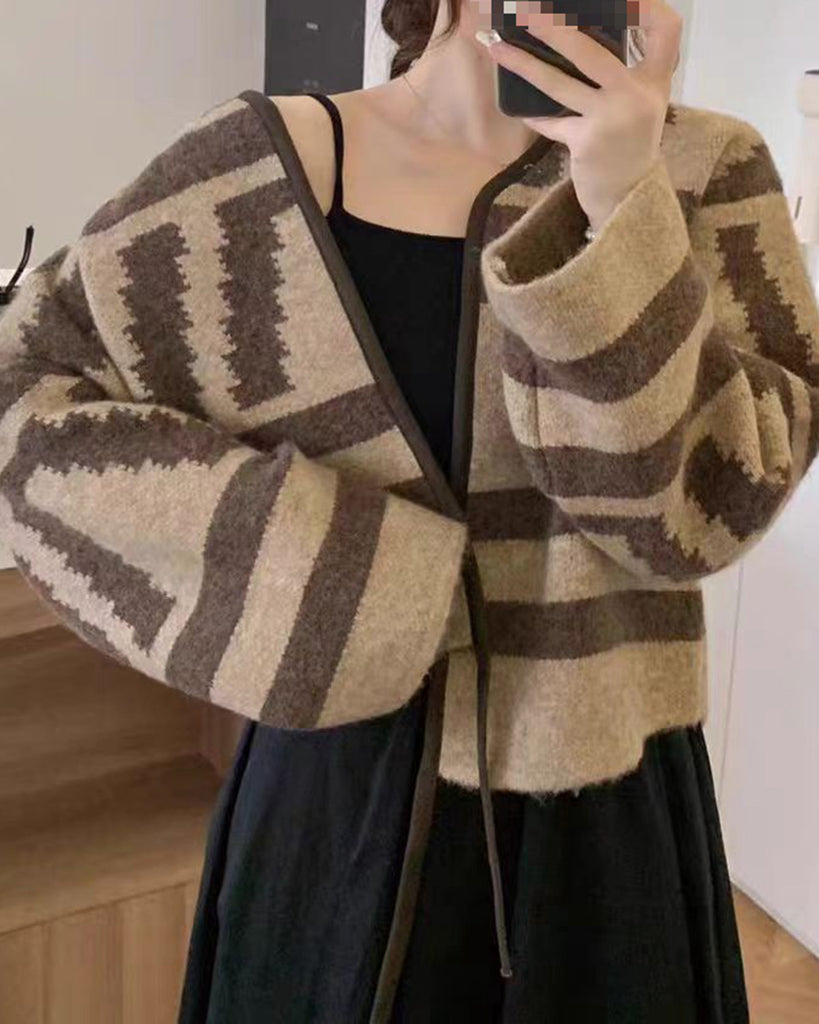 Women's Knitted Polyester Cardigan Sweater Camel Tops - RIHOAS