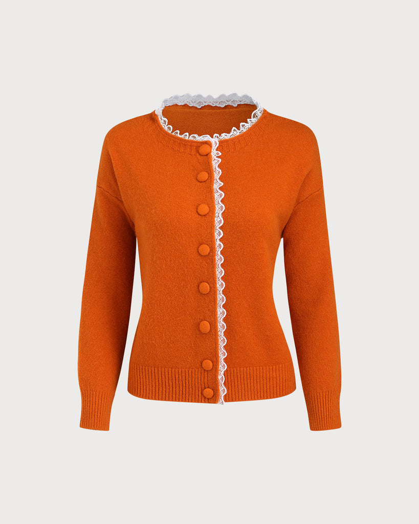 Women's Knitted Polyester Cardigan Sweater Orange Tops - RIHOAS