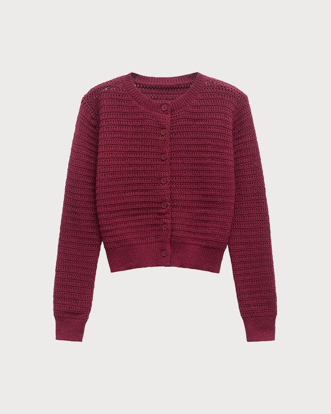 Women's Knitted Polyester Cardigan Wine Red Tops - RIHOAS