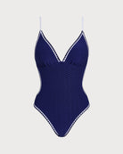 Women's Knitted Polyester Color Block One-Piece Swimsuit Blue One-Pieces - RIHOAS