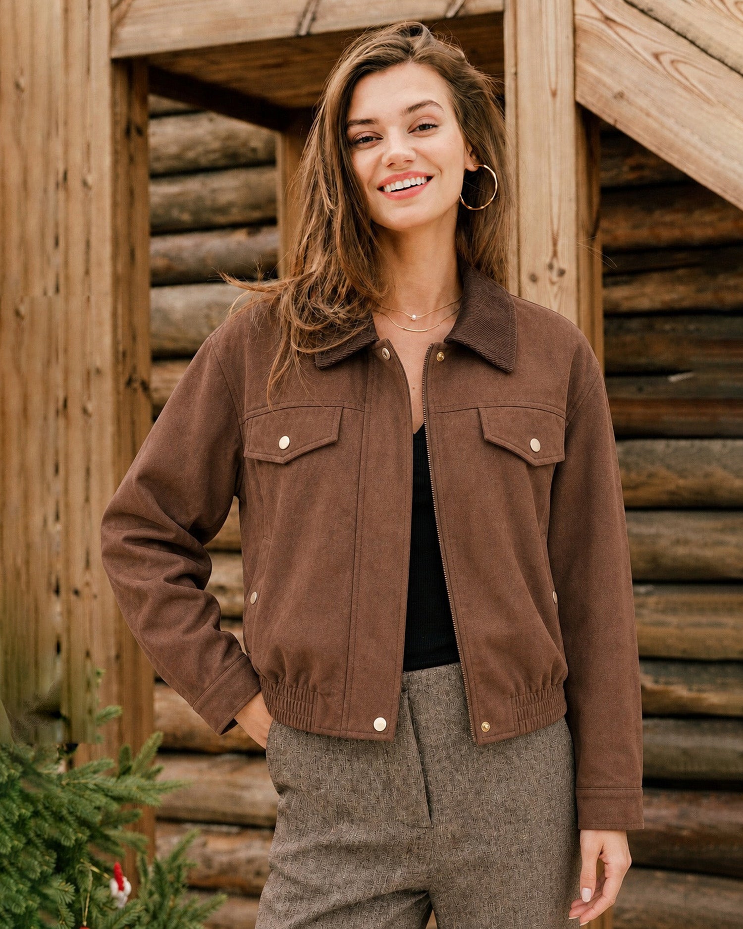 Women's Knitted Polyester Jacket Brown - RIHOAS