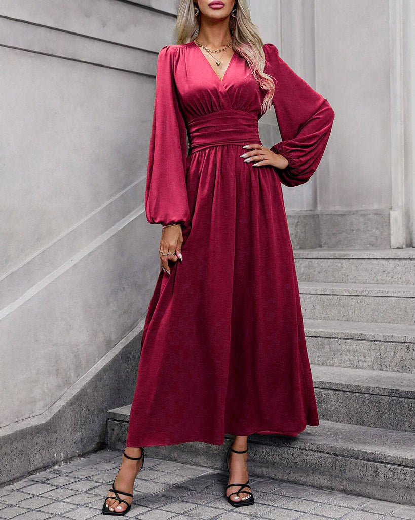 Women's Knitted Polyester Long Dress Wine Red Dresses - RIHOAS