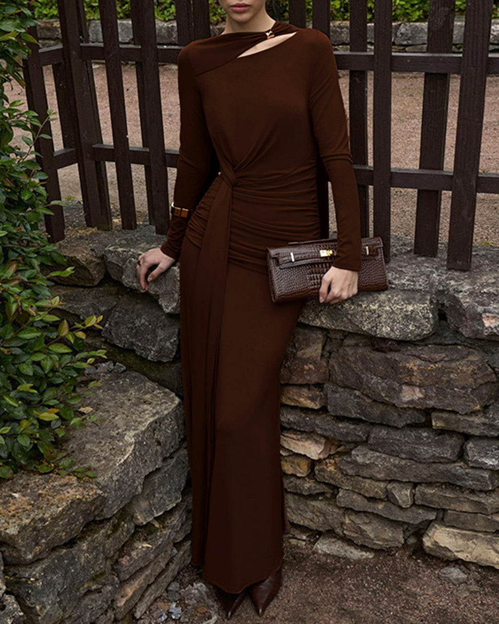 Women's Knitted Polyester Maxi Dress Coffee Dresses - RIHOAS