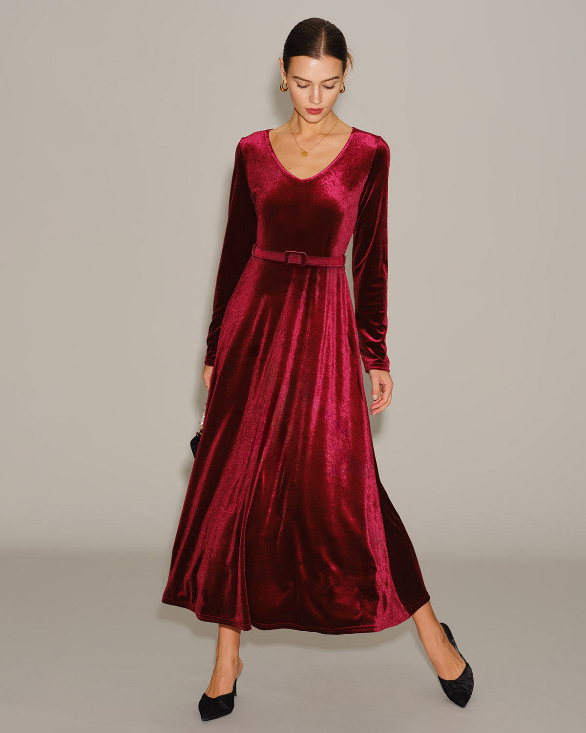 Wine Red Velour V Neck Maxi Dress & Reviews - Wine Red - Dresses | RIHOAS Wine Red Velour V Neck Maxi Dress & Reviews - Wine Red - Dresses | RIHOAS