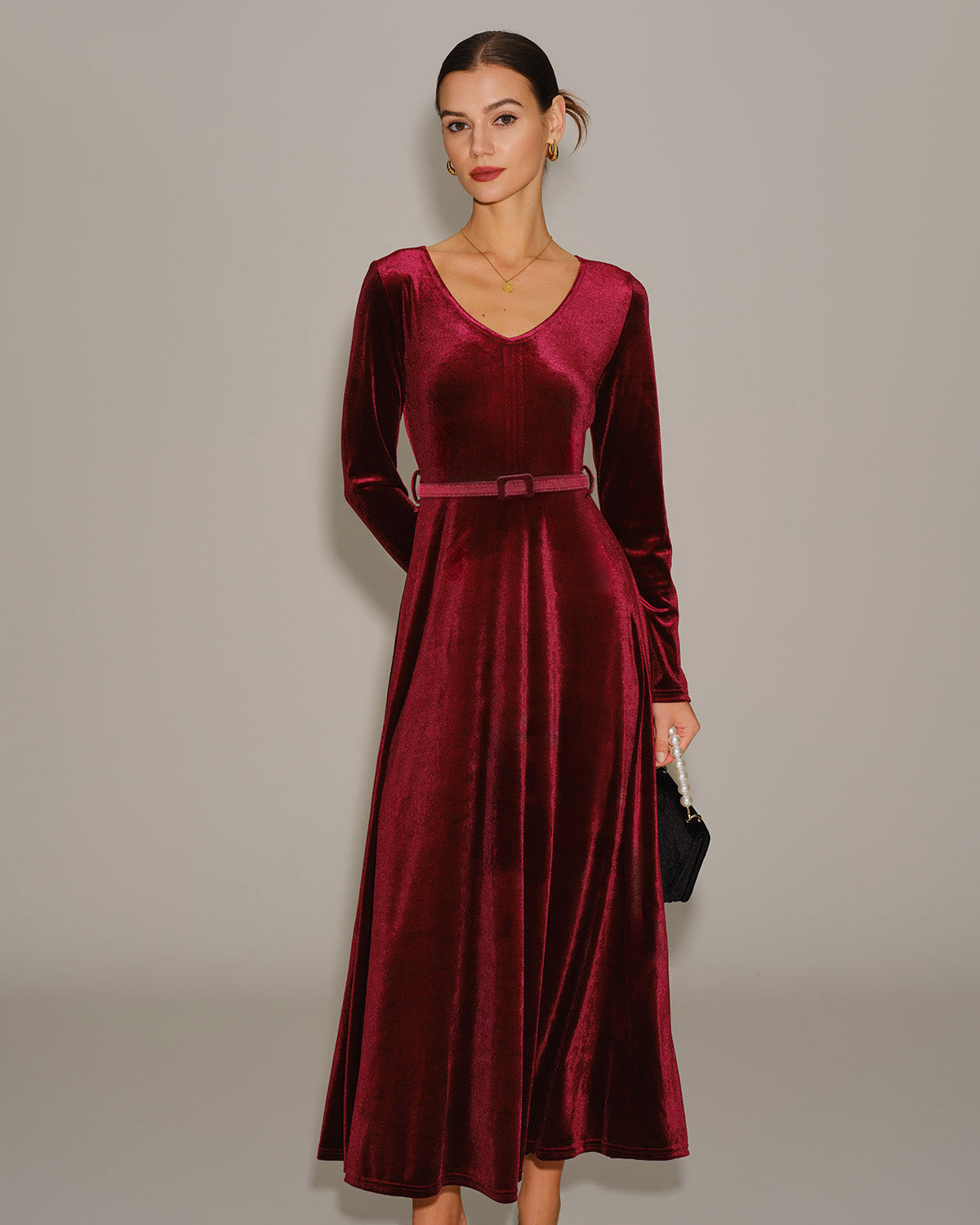 Women's Knitted Polyester Maxi Dress Wine Red Dresses - RIHOAS