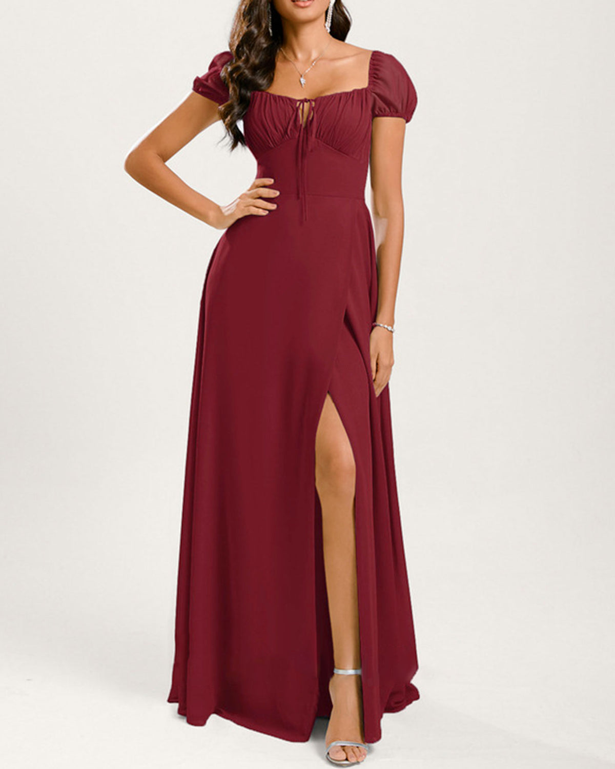 Women's Knitted Polyester  Maxi  Dress Wine Red Dresses - RIHOAS