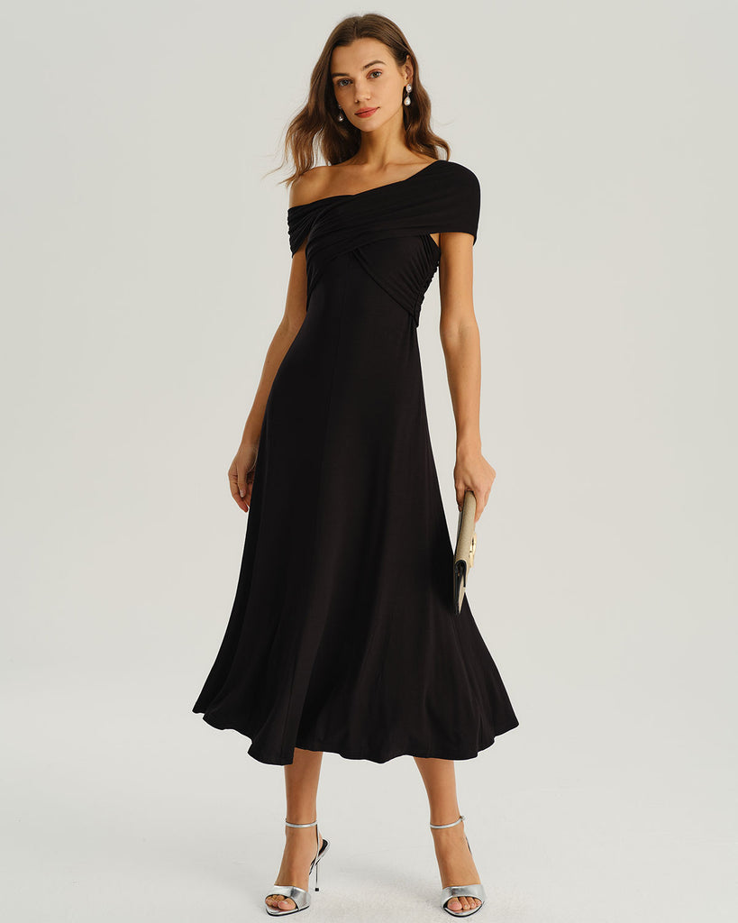 Women's Knitted Polyester Midi Dress Black Dresses - RIHOAS