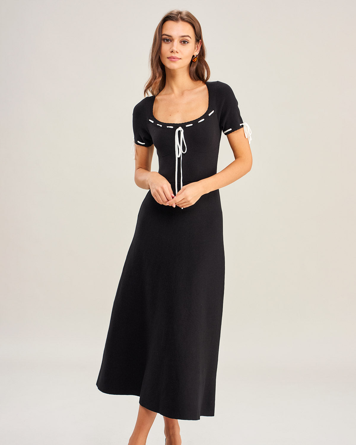 Women's Knitted Polyester Midi Dress Black Dresses - RIHOAS