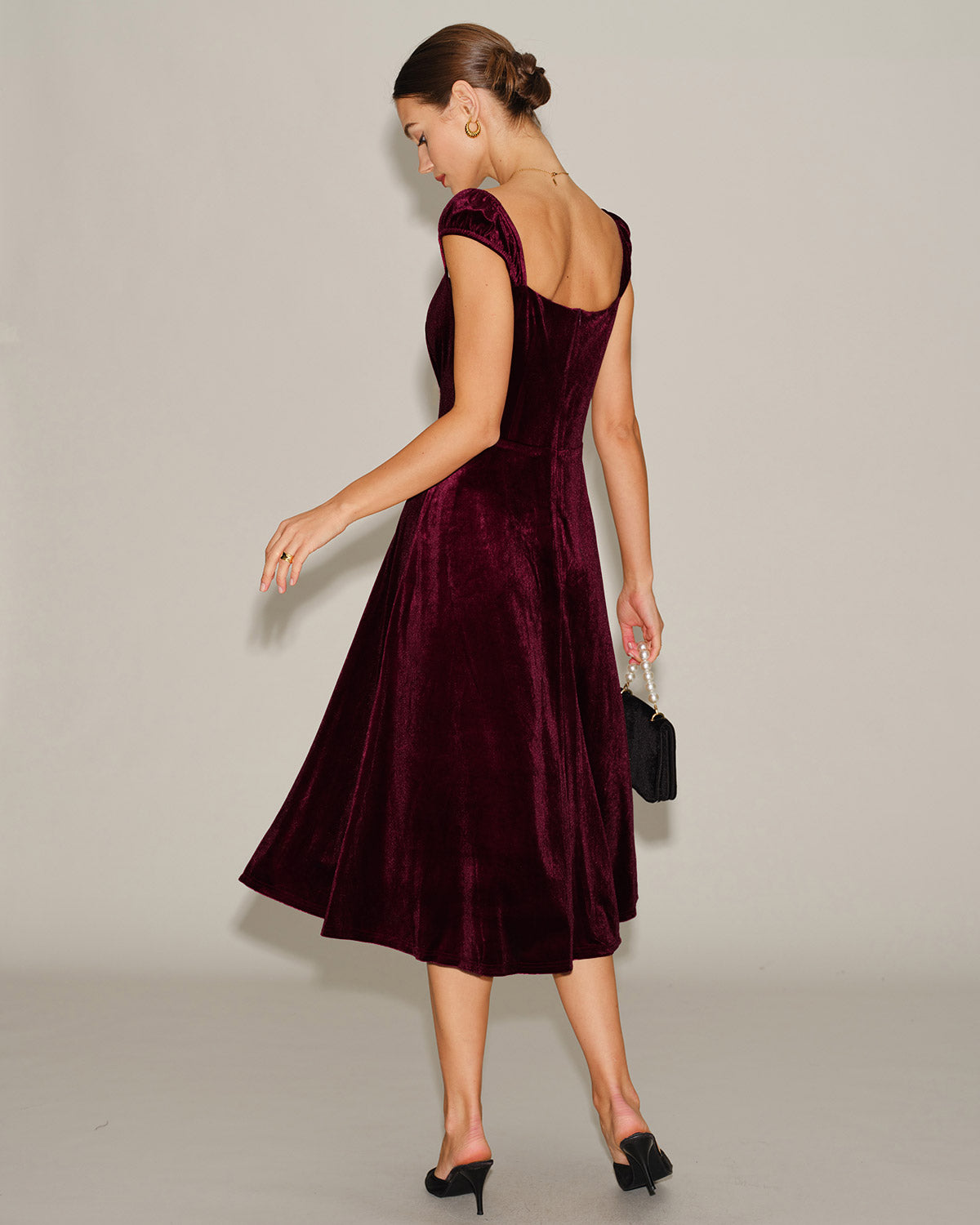 Rihoas Burgundy Velvet Midi Dress Cap Sleeve Square Neck for Winter Wedding Guest, Cocktail Parties, Wine Red / XL