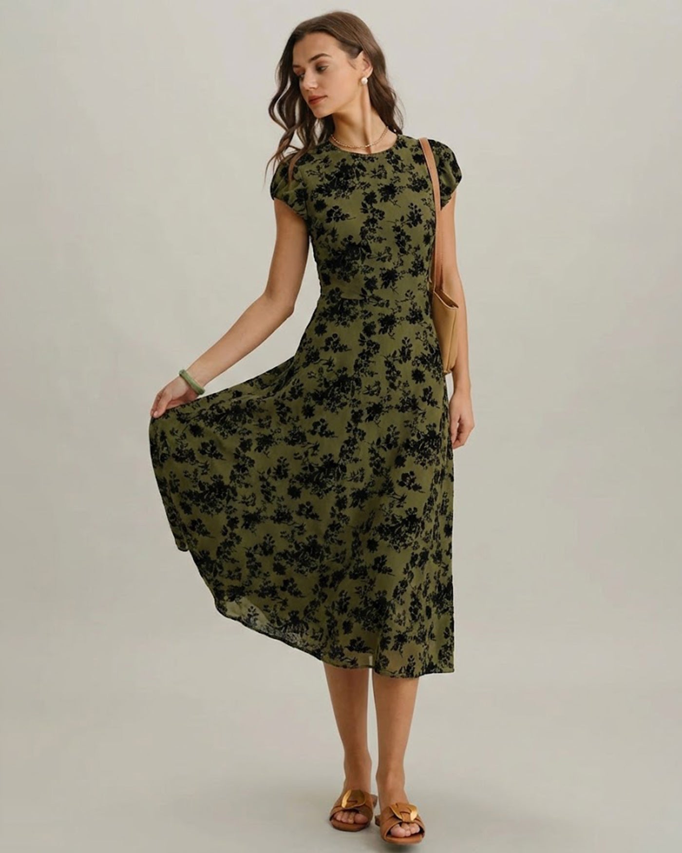 Green Floral A-Line Cap Sleeve Midi Dress & Reviews - Green - Dresses | RIHOAS Green Floral A-Line Cap Sleeve Midi Dress & Reviews - Green - Dresses | RIHOAS