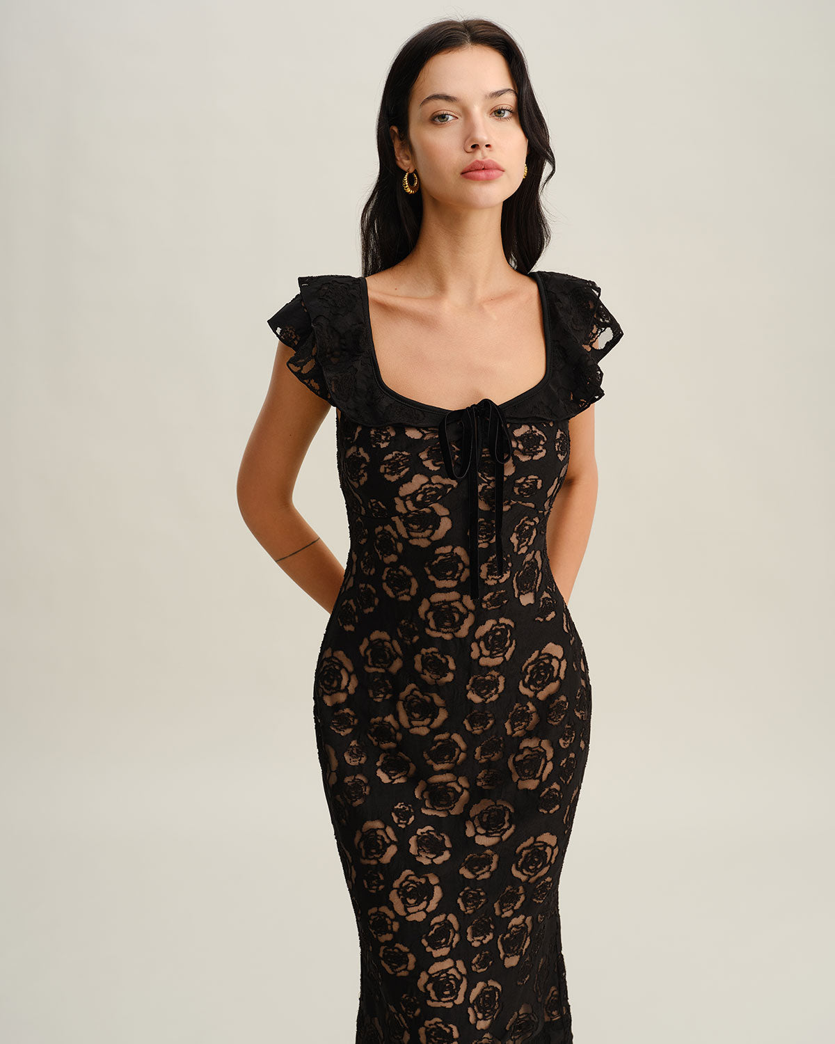 Black Mermaid Midi Dress Rihoas Elegant Lace Bodycon Midi Dress Ruffle Sleeve Sheer Hem For Cocktail Black Mermaid Midi Dress Rihoas Elegant Lace Bodycon Midi Dress Ruffle Sleeve Sheer Hem For Cocktail