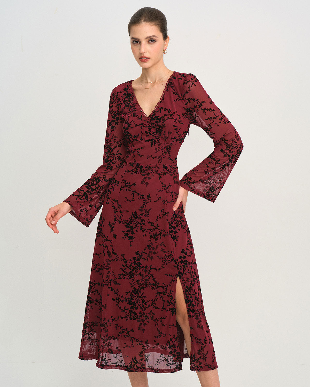 Red Floral V Neck Bell Sleeve Midi Dress & Reviews - Red - Dresses | RIHOAS Red Floral V Neck Bell Sleeve Midi Dress & Reviews - Red - Dresses | RIHOAS