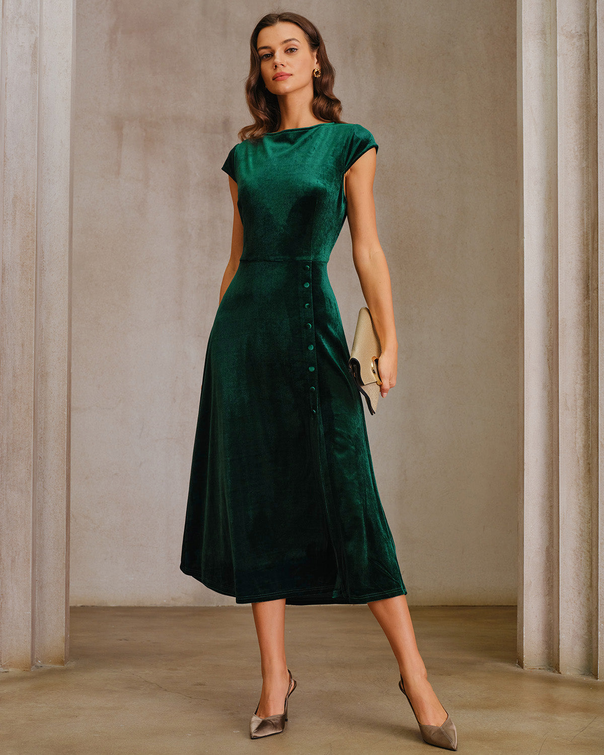 Rihoas Elegant Green Velvet Midi Dress Button Slit Dress for Holiday Party, Christmas, Wedding Guest, Green / L Rihoas Elegant Green Velvet Midi Dress Button Slit Dress for Holiday Party, Christmas, Wedding Guest, Green / L