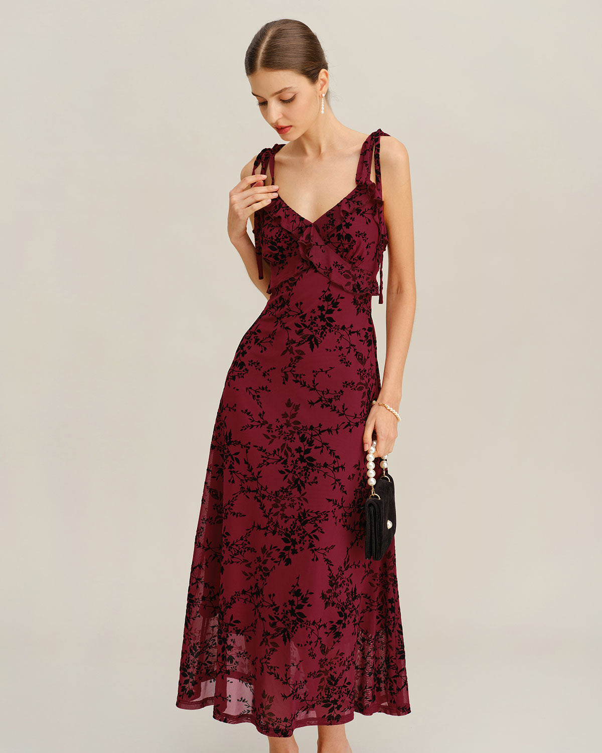 Rihoas Burgundy Floral Midi Dress Ruffle Strap V-Neck for Date Night, Wedding Guest, Red / L Rihoas Burgundy Floral Midi Dress Ruffle Strap V-Neck for Date Night, Wedding Guest, Red / L