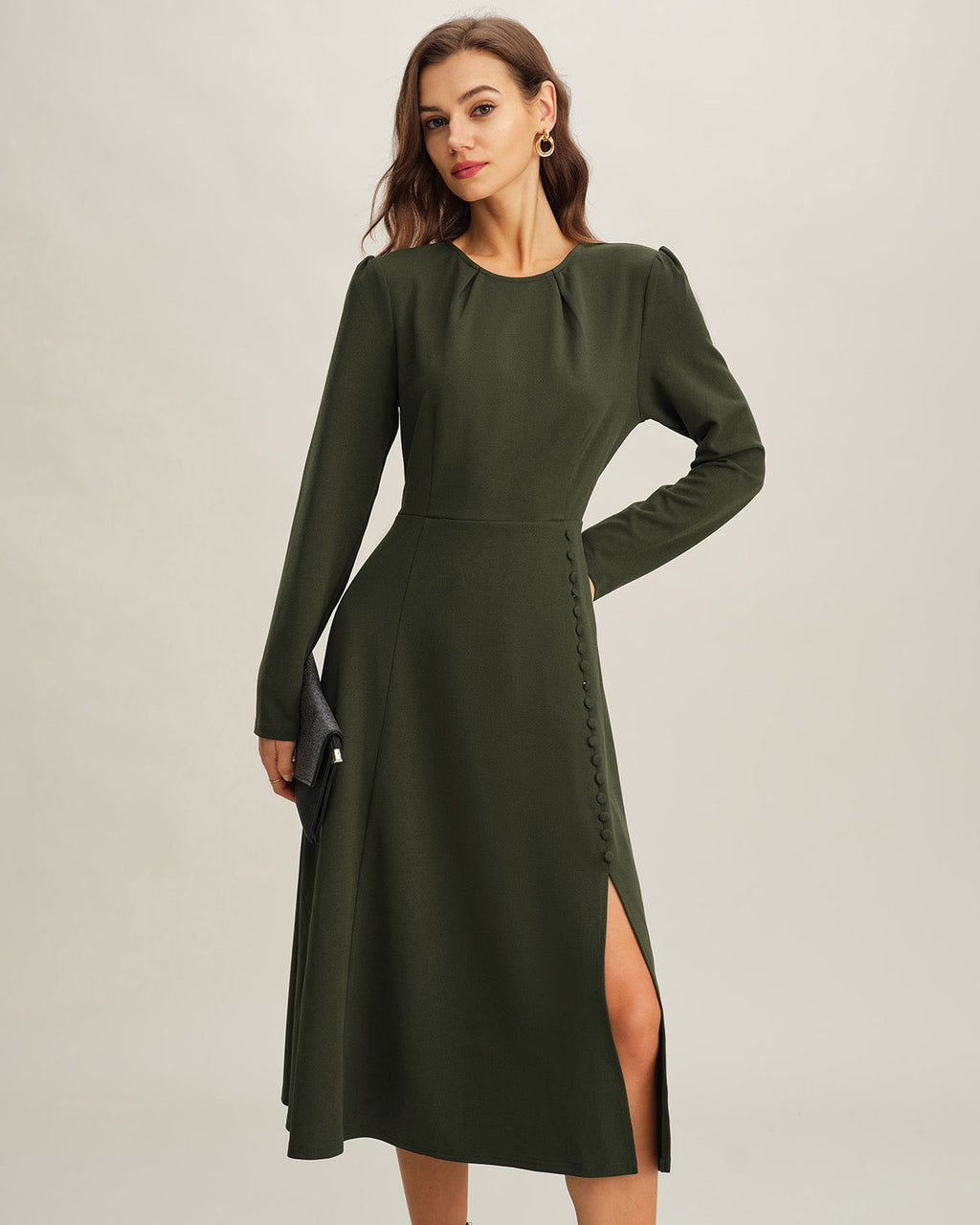 Women's Knitted Polyester Midi Dress Green Dresses - RIHOAS