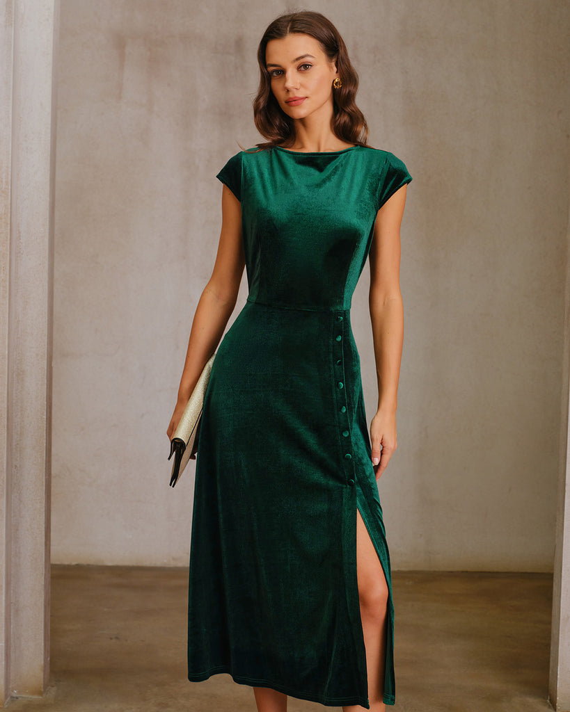 Women's Knitted Polyester Midi Dress Green Dresses - RIHOAS