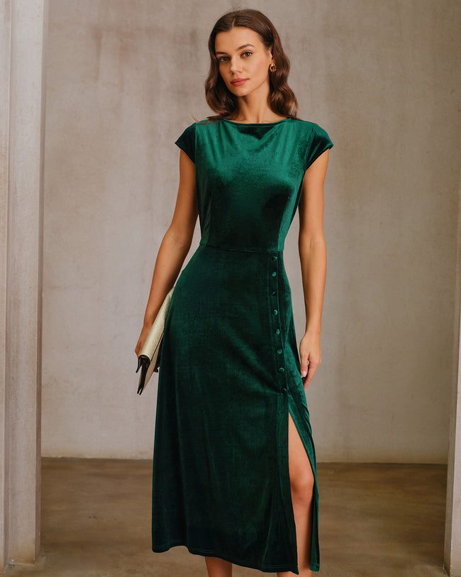 Women's Knitted Polyester Midi Dress Green Dresses - RIHOAS