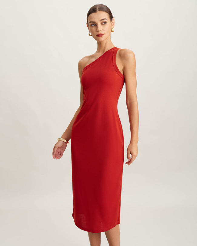 Women's Knitted Polyester Midi Dress Red Dresses - RIHOAS