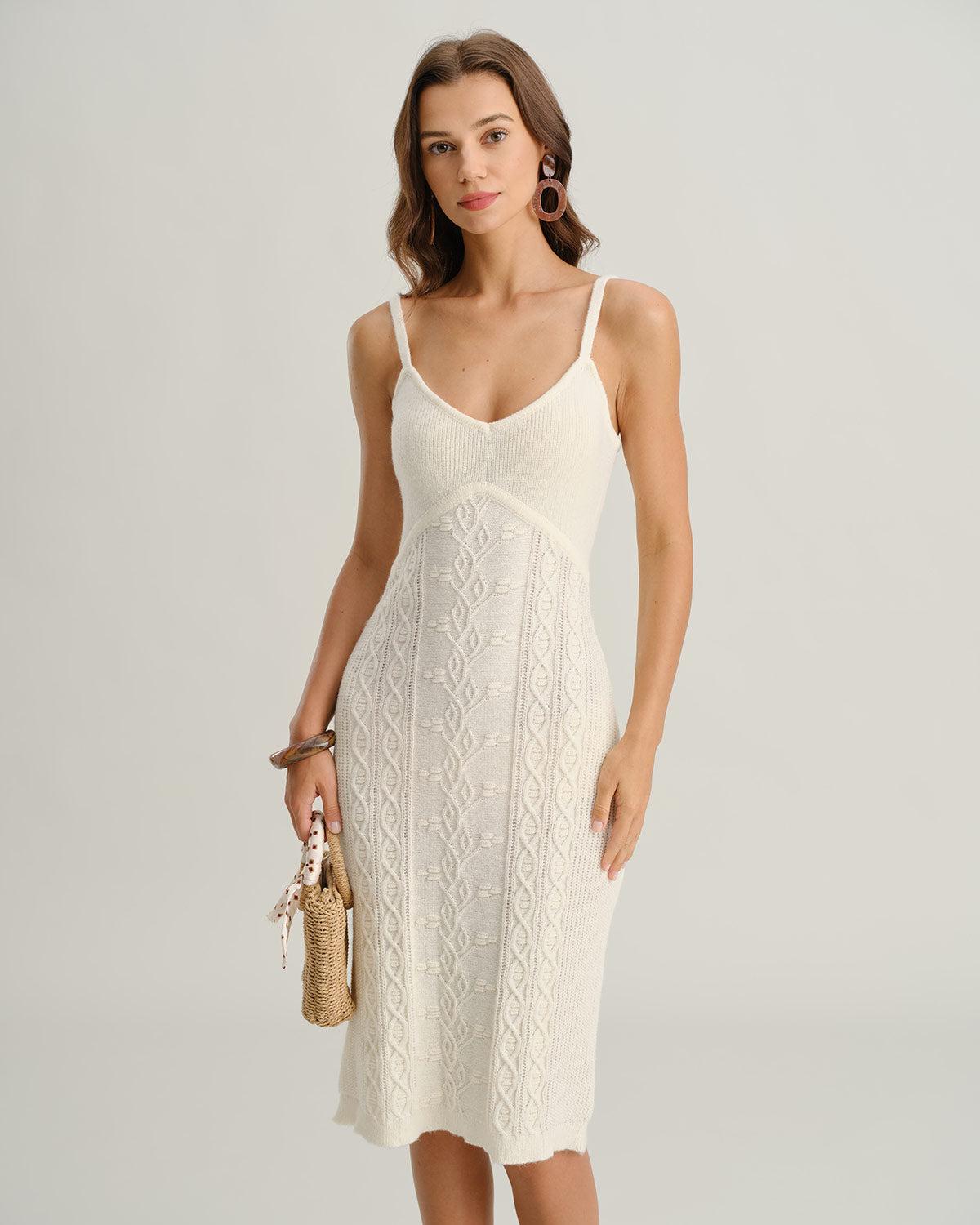 Women's Knitted Polyester Midi Dress White Dresses - RIHOAS